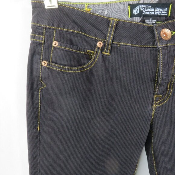 Volcom Skinny Jeans Black Brown Pinstripe Size 9 Straight Leg Logo - Picture 2 of 14